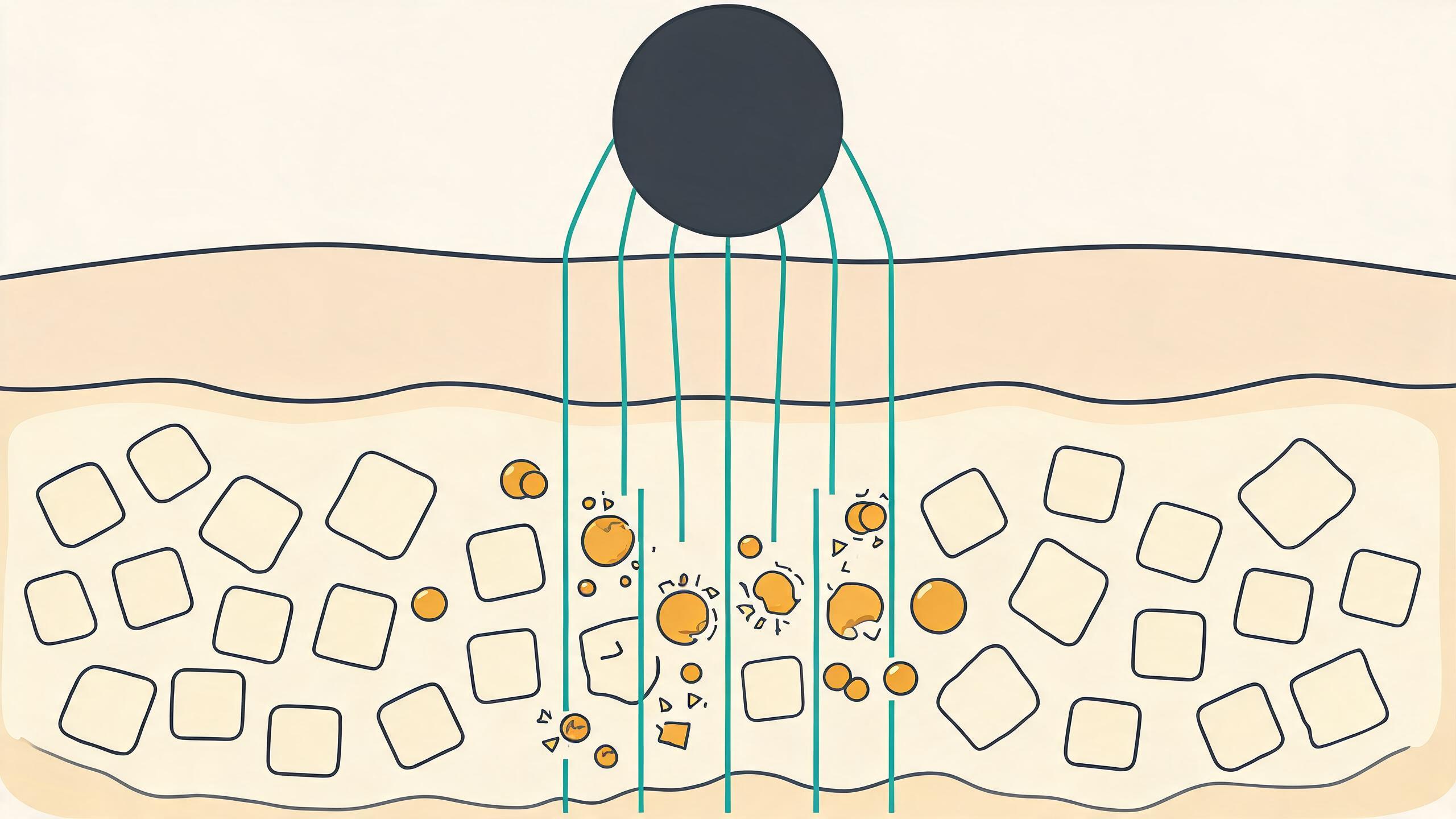 Schematic: low-frequency ultrasound from a flat head forming and collapsing bubbles in the fat layer